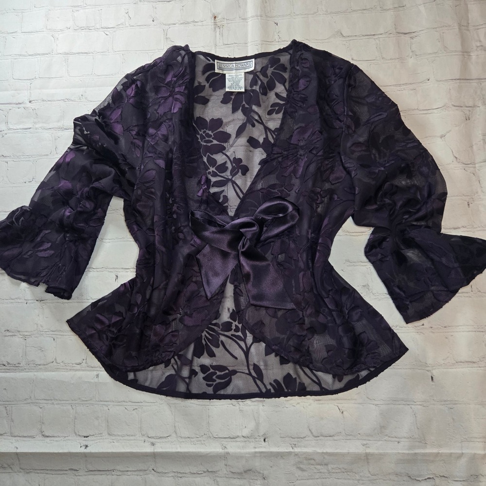Vintage y2k plum Purple Floral Burnout Sheer Tie Front cardigan XL fairy